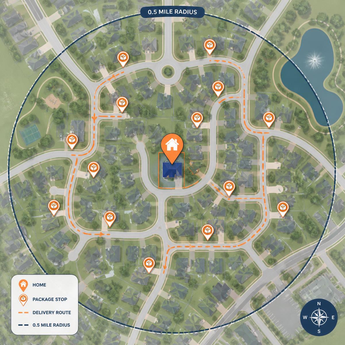Aerial map showing a driver's home with a delivery route within a half-mile radius
